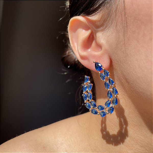 Brinco Curvo Gotas Safira Azul Banhado a Ouro