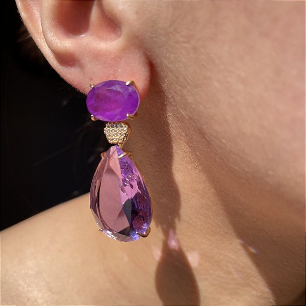 Brinco Luxo Bicolor Ametista e Ultraviolet Fusion Banhado a Ouro