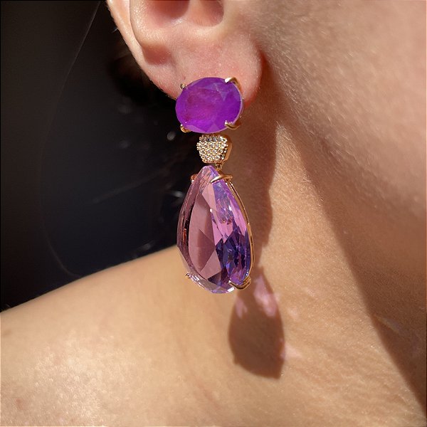 Brinco Luxo Bicolor Ametista e Ultraviolet Fusion Banhado a Ouro