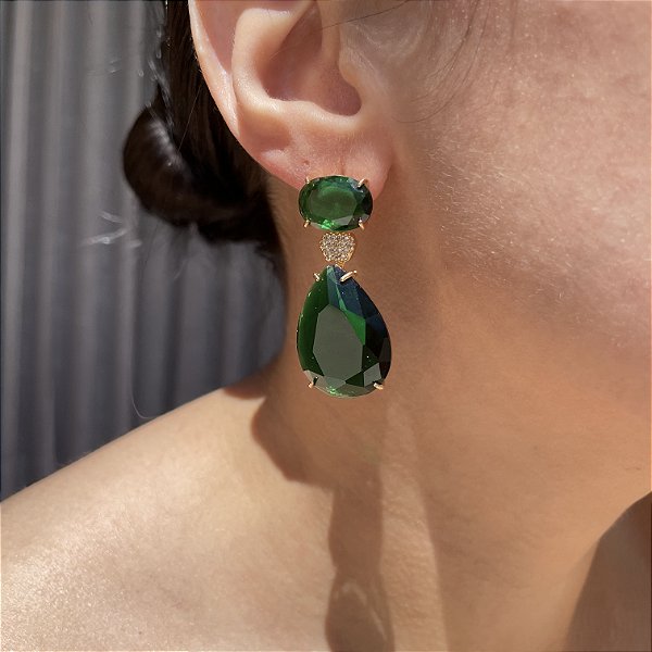 Brinco Luxo Esmeralda Banhado a Ouro