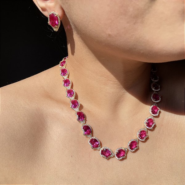 Conjunto Organic Luxo Safira Rosa Banhado a Ouro