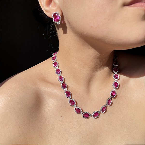 Conjunto Organic Luxo Safira Rosa Banhado a Ródio Branco