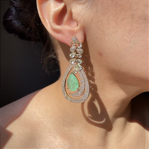 Brinco Luxo Gota Vazada Greenery Fusion Banhado a Ouro