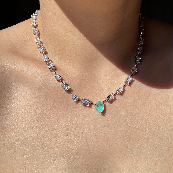 Colar Riviera Geométrica Maleável Fio Faca Gota Turmalina Fusion Banhado a Ródio Branco