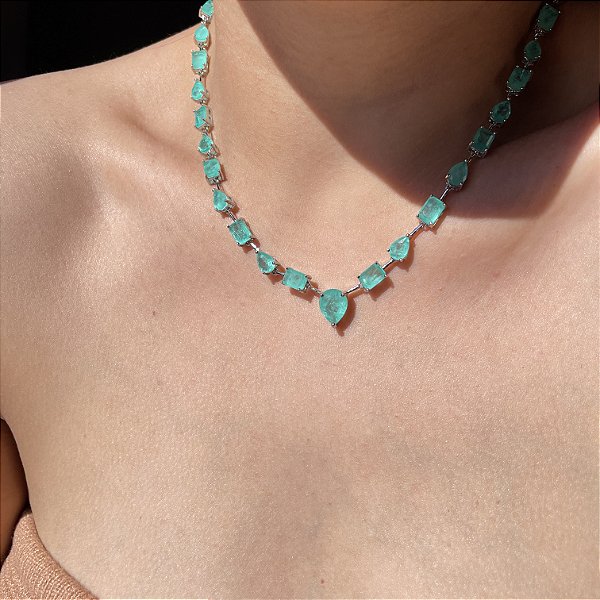 Colar Riviera Geométrica Maleável Fio Faca Turmalina Fusion Banhado a Ródio Branco