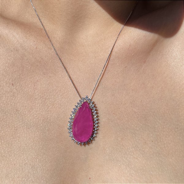 Colar Gota Borda Cravejada Pink Fusion Banhado a Ródio Branco