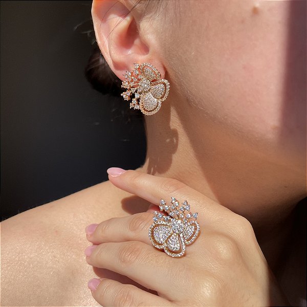 Conjunto Brinco e Anel Flower Cristal Banhado a Ouro