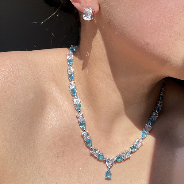 Conjunto Luxo Gravata Azul Banhado a Ródio Branco
