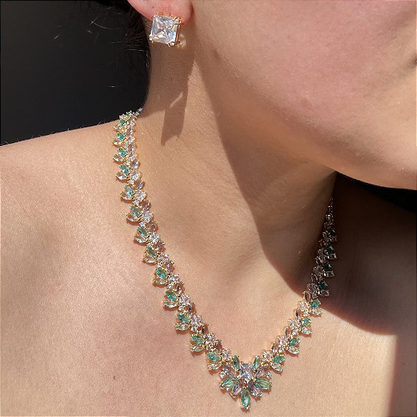 Conjunto Luxo Bicolor Turmalina e Ametista Banhado a Ouro