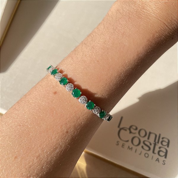 Pulseira Riviera Esmeralda Fusion e Cristal Cravejado Banhado a Ródio Branco