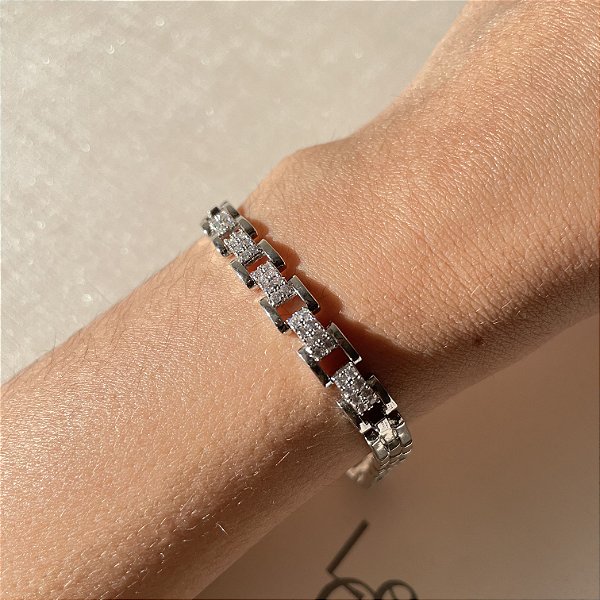 Pulseira Square Cravejada Banhado a Ródio Branco