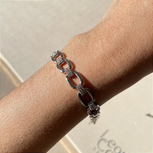 Pulseira Elo Oval Cravejado Banhado a Ródio Branco