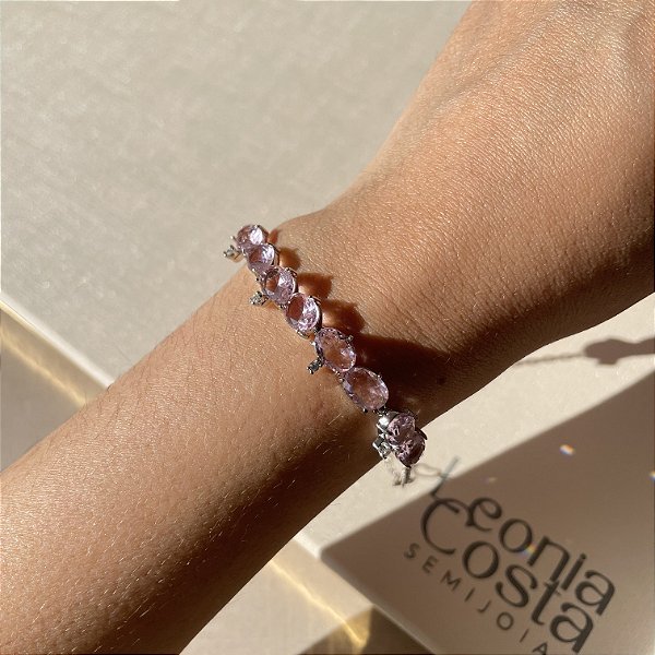 Pulseira Oval Rosa Claro Banhado a Ródio Branco