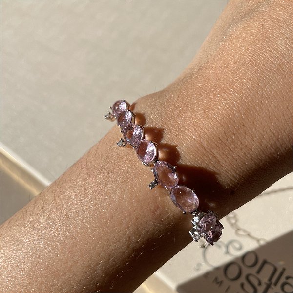 Pulseira Oval Rosa Claro Banhado a Ródio Branco