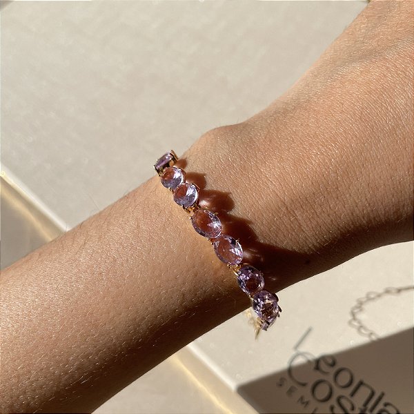 Pulseira Oval Ametista Banhado a Ouro
