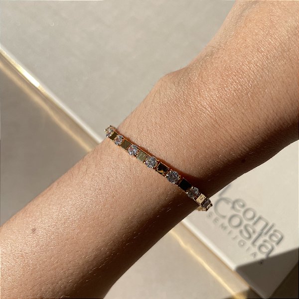 Pulseira Riviera Lisa e Ponto de Luz Banhado a Ouro