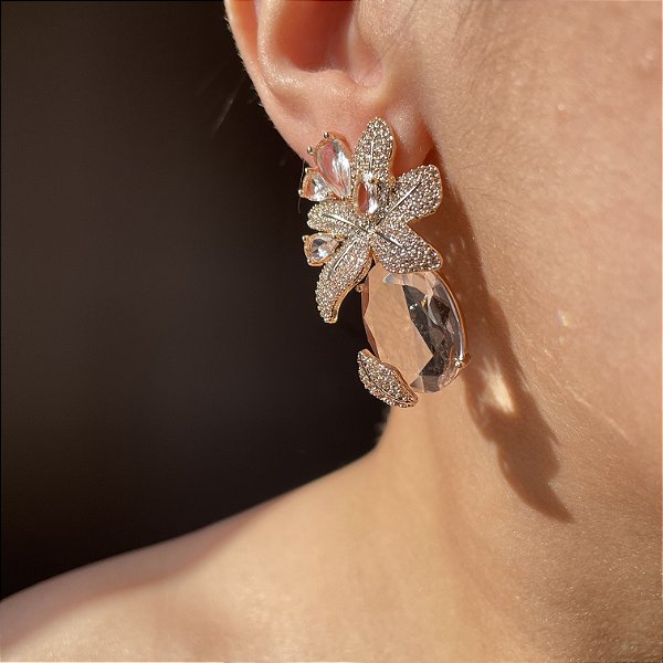 Brinco Flower Oval Cristal Banhado a Ouro