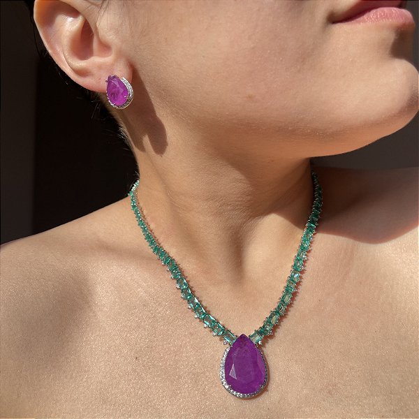 Conjunto Riviera Bicolor Turmalina e Ultraviolet Fusion Banhado a Ródio Branco