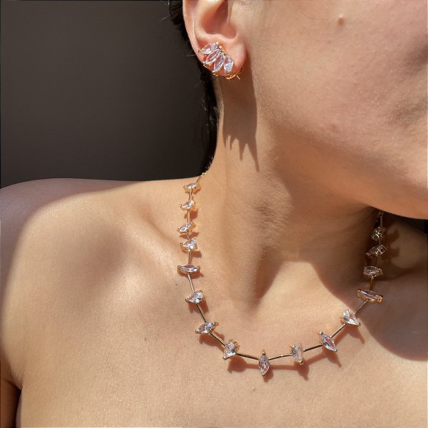 Conjunto Riviera Navetes Fio Faca Banhado a Ouro
