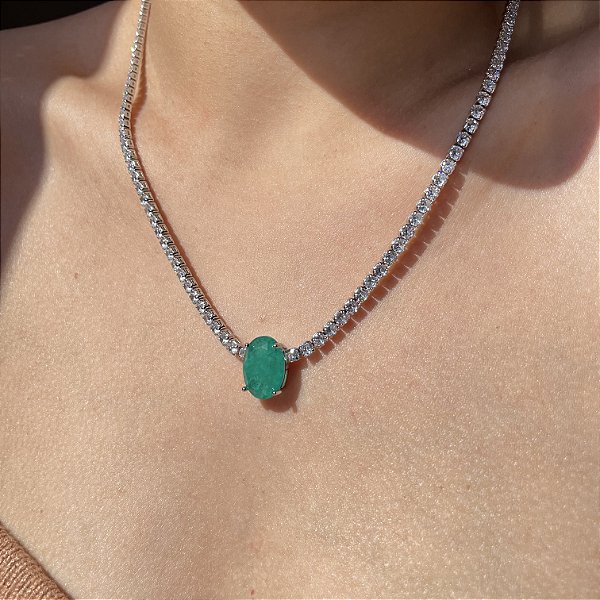 Colar Riviera Maleável Oval Esmeralda Fusion Banhado a Ródio Branco