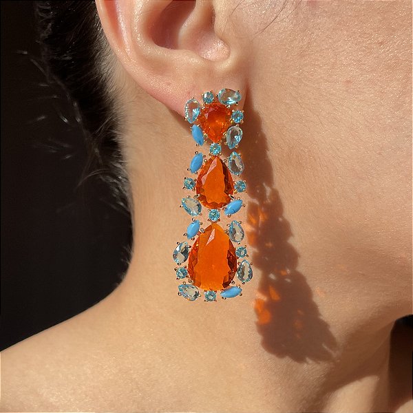 Brinco Bicolor Turquesa e Laranja Banhado a Ouro