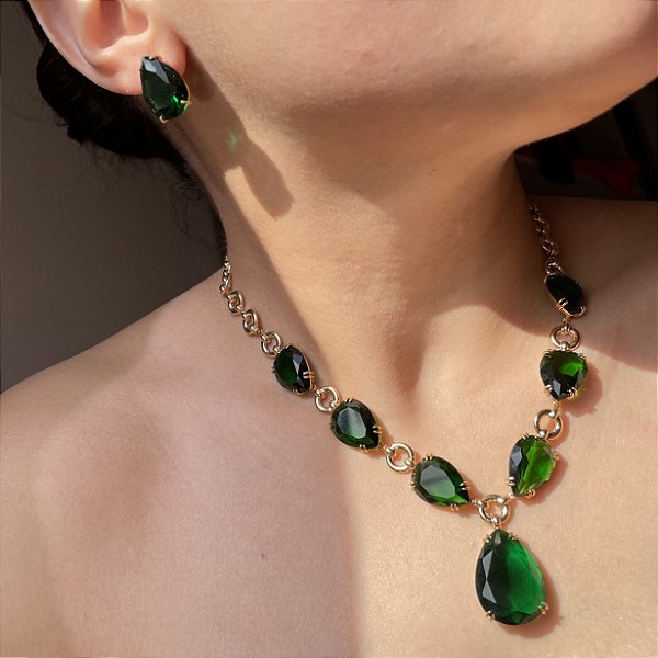 Conjunto Luxo Elos Gotas Esmeralda Banhado a Ouro