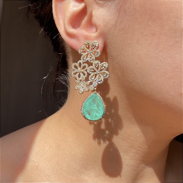 Brinco Luxo Flower Gota Turmalina Fusion Banhado a Ouro