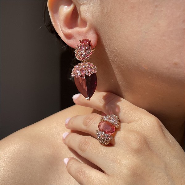 Conjunto Luxo Gota Rubi Banhado a Ouro - Aro 19