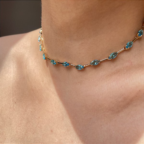 Colar Riviera Fio Faca Gotas Azul Banhado a Ouro