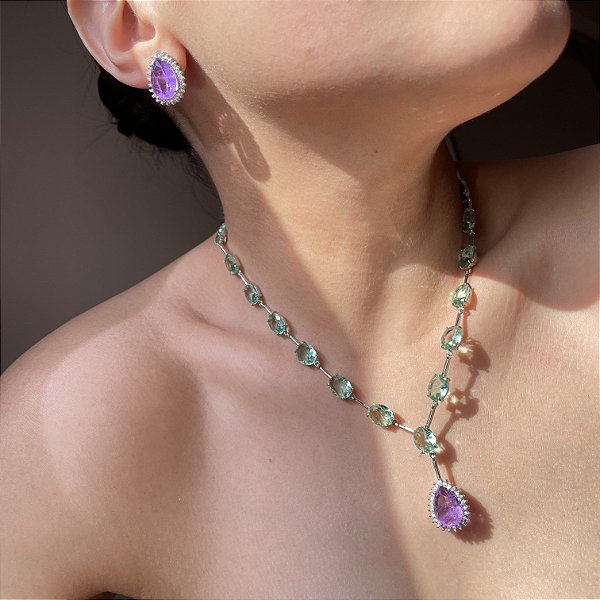 Conjunto Luxo Gotas Greenery e Ultraviolet Fusion Banhado a Ródio Branco