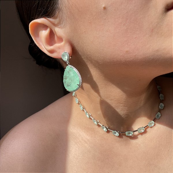 Conjunto Luxo Gotas Greenery Leitoso e Fusion Banhado a Ródio Branco