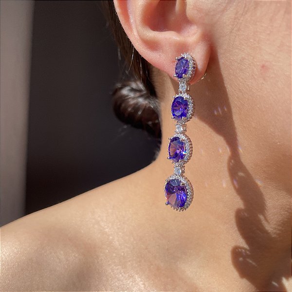 Brinco Princess Oval Ametista Banhado a Ródio Branco