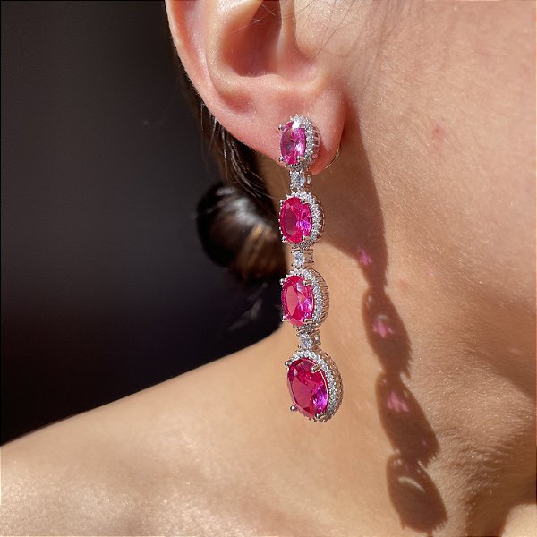 Brinco Princess Oval Safira Rosa Banhado a Ródio Branco