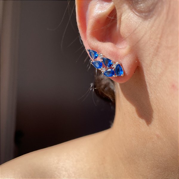 Brinco Ear Cuff Safira Azul Banhado a Ródio Branco