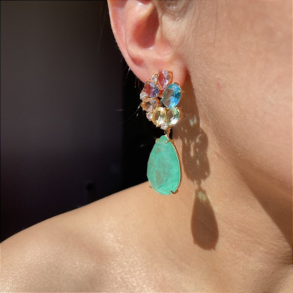 Brinco Luxo Colors e Gota Turmalina Fusion Banhado a Ouro