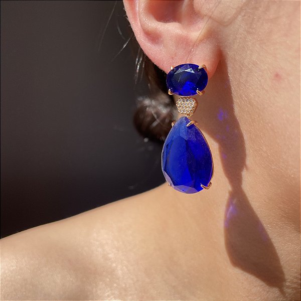 Brinco Luxo Azul Bic Banhado a Ouro