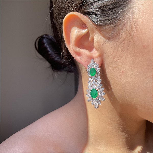 Brinco Baguete Oval Esmeralda Fusion Banhado a Ródio Branco