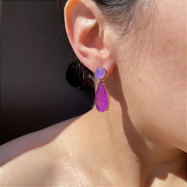 Brinco Bicolor Lavanda e Ultraviolet Fusion Banhado a Ouro