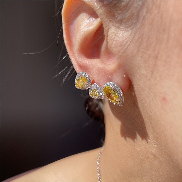 Brinco Ear Cuff Yellow Banhado a Ródio Branco