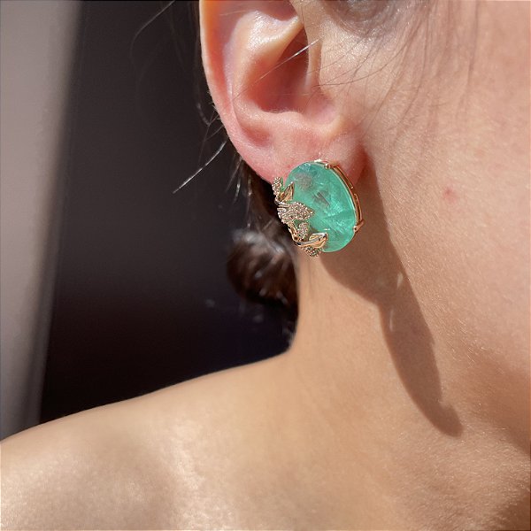 Brinco Oval Flowers Turmalina Fusion Banhado a Ouro