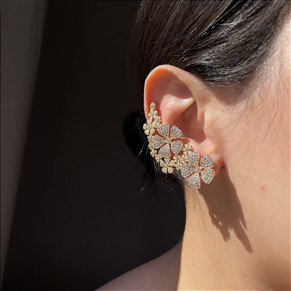 Brinco Ear Cuff Cristal Flowers Banhado a Ouro