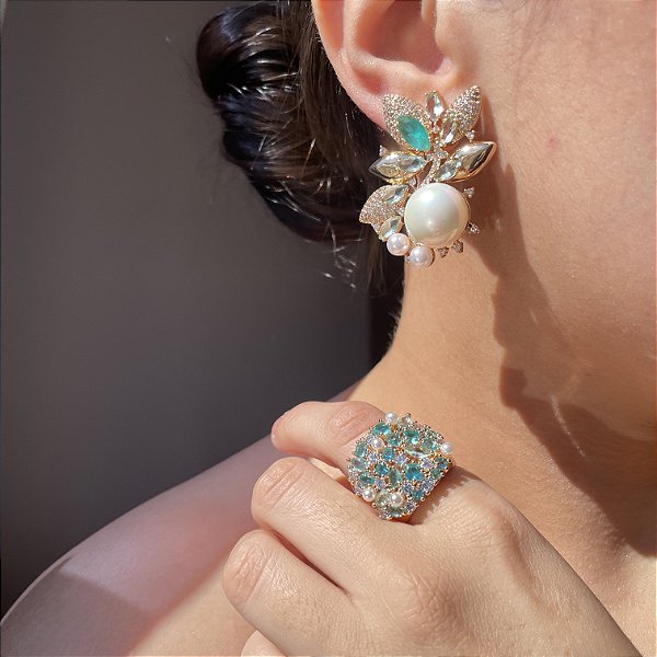 Conjunto Luxo Pérolas e Turmalina Banhado a Ouro - Aro 17