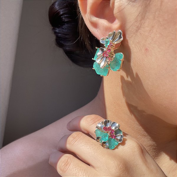 Conjunto Leque Bicolor Turmalina e Safira Rosa Banhado a Ouro - Aro 17