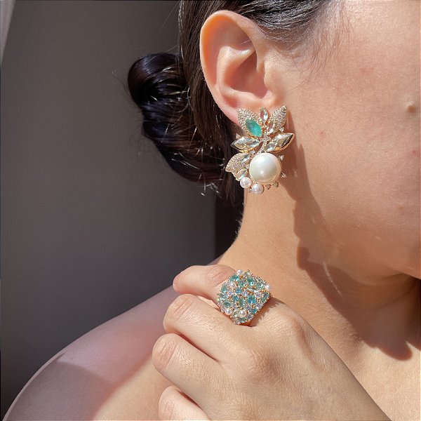 Conjunto Luxo Pérolas e Turmalina Banhado a Ouro - Aro 19