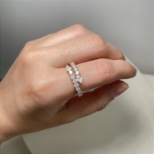 Anel Riviera Gota Cristal Banhado a Ouro - Aro Regulável