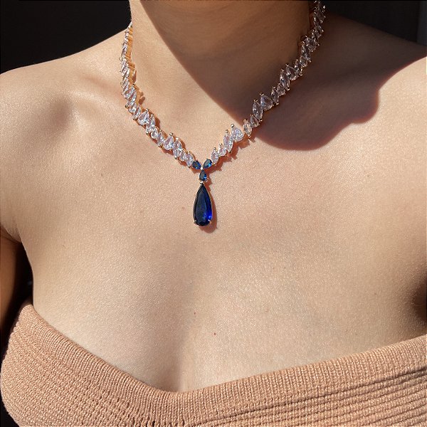 Colar Luxo Riviera Gota Safira Azul Banhado a Ouro