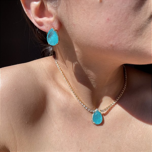 Conjunto Riviera Gota Azul Fusion Banhado a Ouro