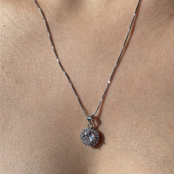 Colar Solitário Banhado Ródio Branco