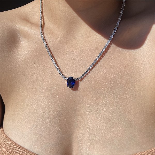 Colar Riviera Maleável Oval Safira Azul Banhado a Ródio Branco