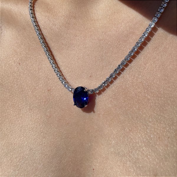 Colar Riviera Maleável Oval Safira Azul Banhado a Ródio Branco